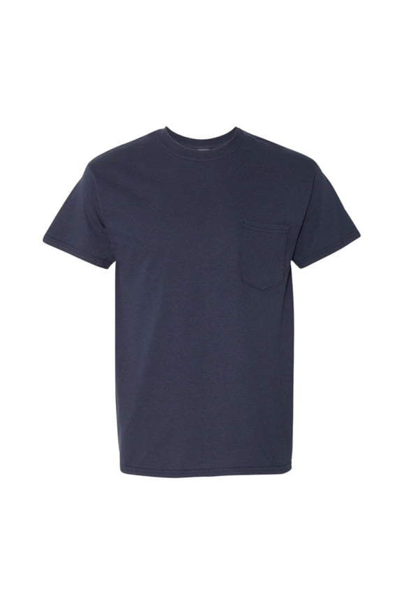 ® Unisex Short Sleeve Pocket T-Shirt, 100% Cotton Solid Color Crew Neck Heavy Tee (Navy, L)
