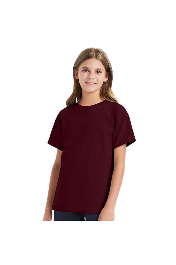 ® Youth Essential-T Short Sleeve T-Shirt, 100% Cotton Classic Fit Plain Crew Neck Tee (Maroon, XS)