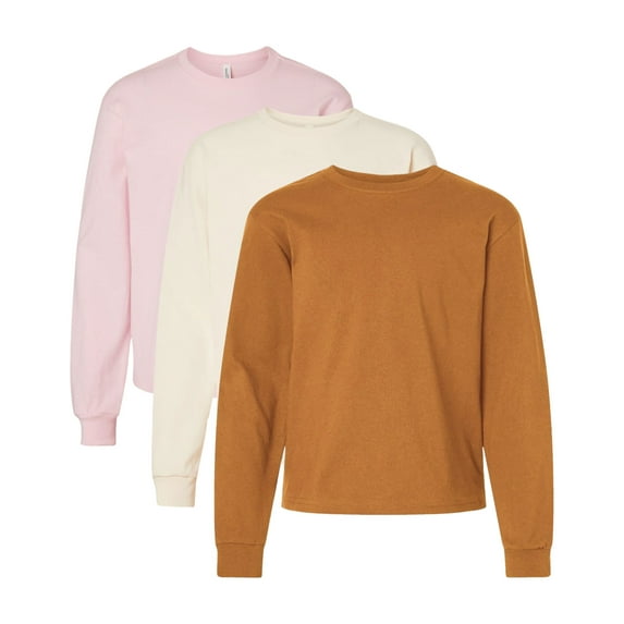 Crown Craze® Youth Heavyweight Long Sleeve T-Shirt, Boxy Fit Bulk Tees, 100% Cotton Assorted Tee (Bright Color 3 Pack, L)