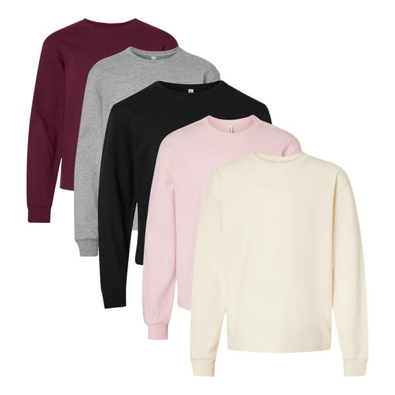 Crown Craze® Youth Heavyweight Long Sleeve T-Shirt, Boxy Fit Bulk Tees, 100% Cotton Assorted Tee (Dark Color 5 Pack, M)