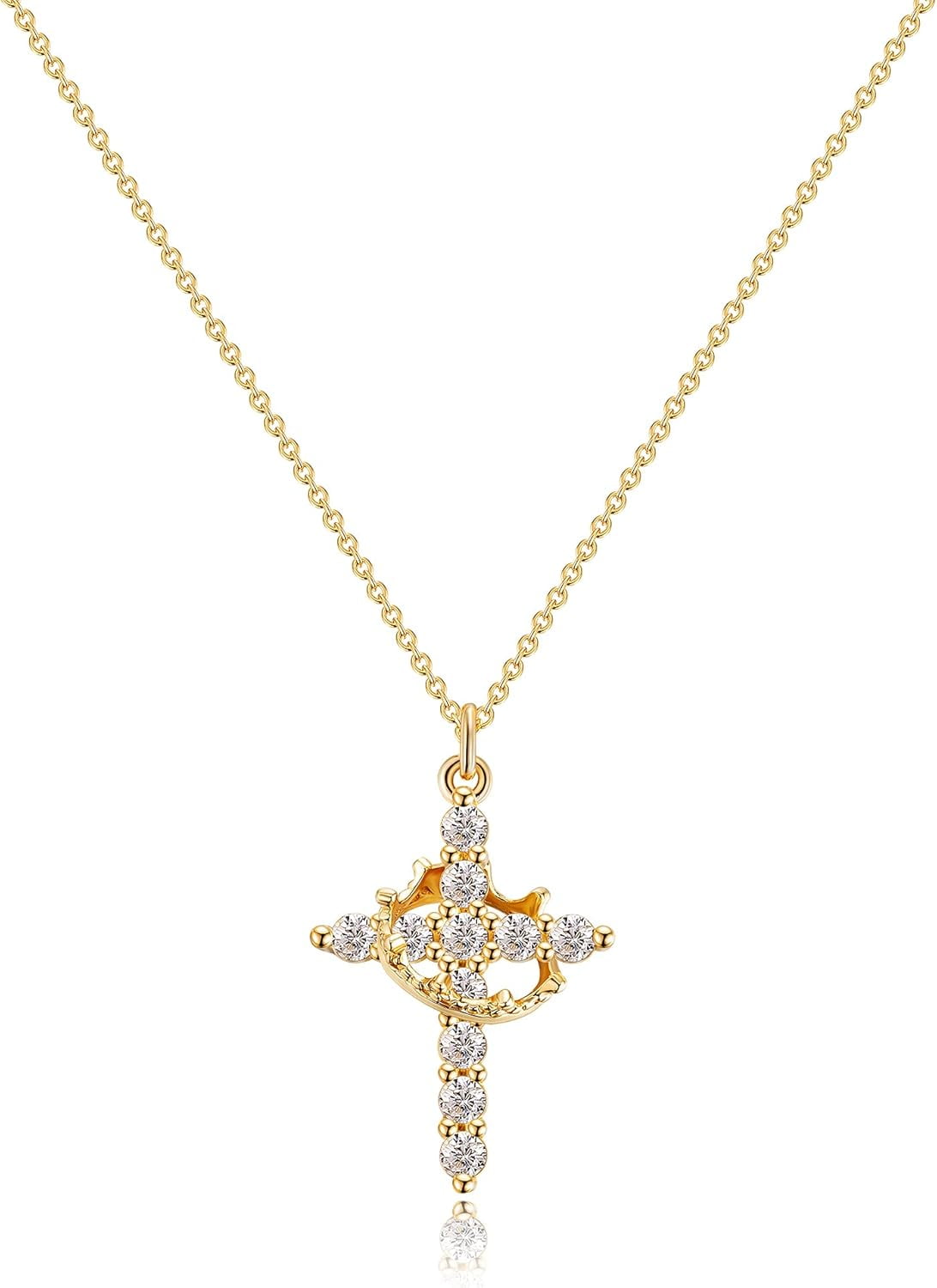 TRAHOO Crown Cross Necklace For Women 14K Gold Plated Crown Cross Pendant Necklace Simple Diamond Gold Necklaces Faith Cross Jewelry First Communion Necklace[P740]