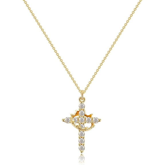 Crown Cross Necklace For Women 14K Gold Plated Crown Cross Pendant Necklace Simple Diamond Gold Necklaces Faith Cross Jewelry First Communion Necklace[P740]