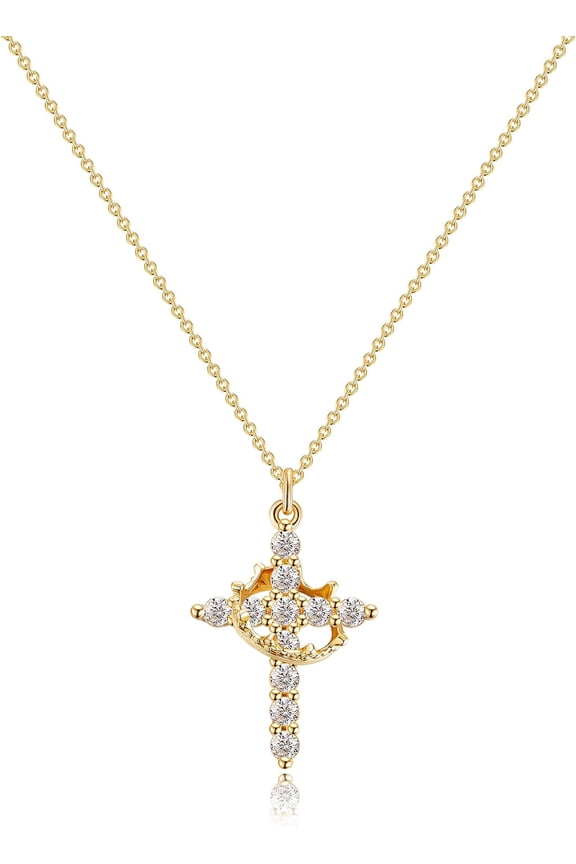 Crown Cross Necklace For Women 14K Gold Plated Crown Cross Pendant Necklace Simple Diamond Gold Necklaces Faith Cross Jewelry First Communion Necklace[P740]