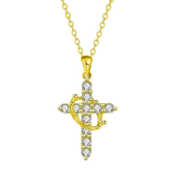 Crown Cross Necklace for Women, 18K Yellow Gold Plated Crown Cross Pendant Necklace Zirconia Cross Necklaces Faith Cross Jewelry First Communion Gifts