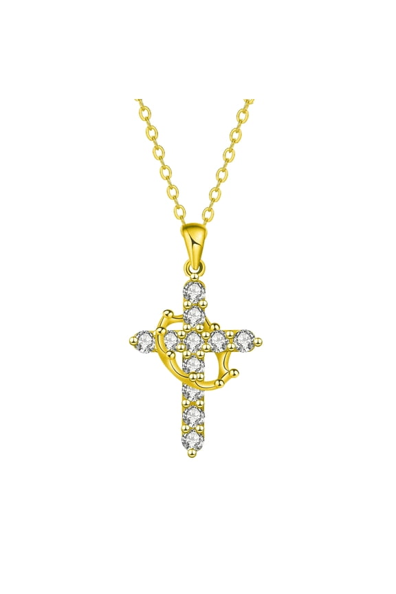 Crown Cross Necklace for Women, 18K Yellow Gold Plated Crown Cross Pendant Necklace Zirconia Cross Necklaces Faith Cross Jewelry First Communion Gifts