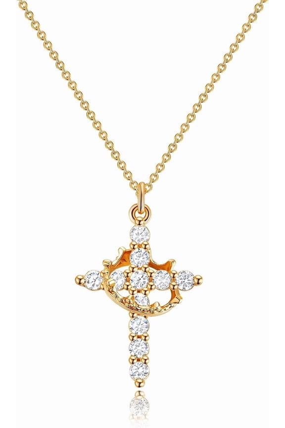 Crown Cross Pendant Necklace, Sparkling Cubic Zirconia Religious Faith Necklace for Women, 3 Colors Available Jewelry Gift