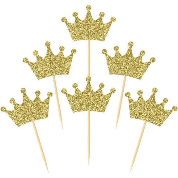 Crown Cupcake Toppers 12pcs Gold Glittery Princess Cake Picks for Baby Shower Birthday Party Decorations Supplies