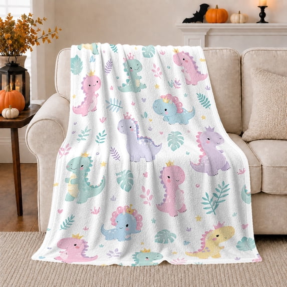 Crown Dinosaur Tropical Plants Whimsical Pattern, Playful Coastal Landscape Scene, Warm Flannel Blanket for Beach House and Living Room, Beach Lovers Valentine's Day Gift, Coastal Home Decor