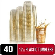 Crown Display 10 oz. Gold Glitter Clear Plastic Wedding Cups Tumblers - Hard Plastic Disposable Holiday Cups - 40 Count