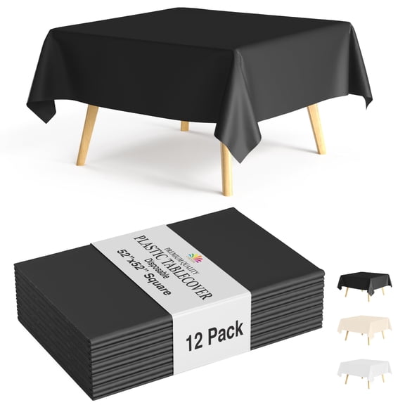 Trendables Black Square Plastic Tablecloths, 52" x 52", 12 Pack Disposable Table Covers