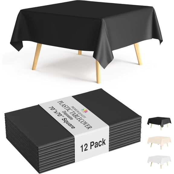Crown Display 12-Pack Black Square Plastic Tablecloths | 70x70 Inch Disposable Table Covers for Parties & Events