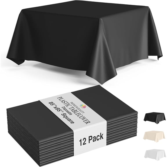 Crown Display 12-Pack Black Square Plastic Tablecloths | 85x85 Inch Disposable Table Covers for Parties & Events