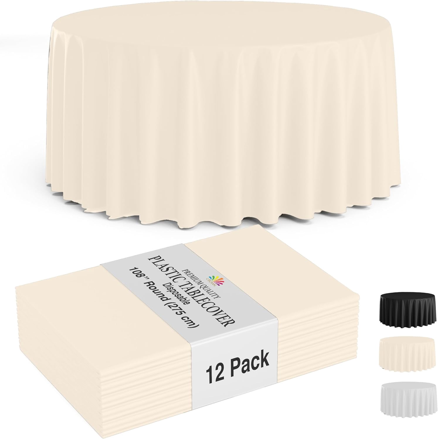 Crown Display 12-Pack Ivory Round Plastic Tablecloths | 108 Inch ...