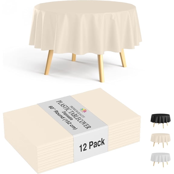 Crown Display 12-Pack Ivory Round Plastic Tablecloths | 60 Inch Disposable Table Covers for Parties & Events