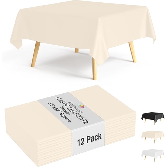 Crown Display 12-Pack Ivory Square Plastic Tablecloths | 52x52 Inch Disposable Table Covers for Parties & Events