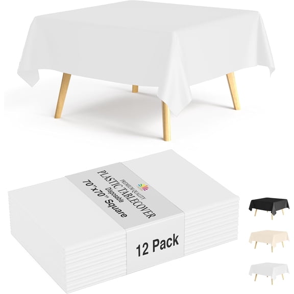 Crown Display 12-Pack White Square Plastic Disposable Tablecloth – 70 × 70 Inches