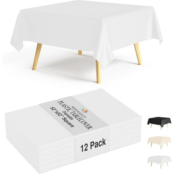Crown Display 12-Pack White Square Plastic Tablecloths | 52x52 Inch Disposable Table Covers for Parties & Events