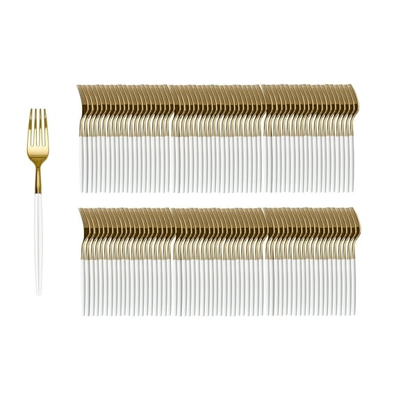 Crown Display 120 Pack Two Toned Heavy Duty Plastic Silverware Forks - White and Gold