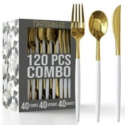 Crown Display 120-Pc Elegant Disposable Silverware - Premium Plastic Cutlery - White and Gold