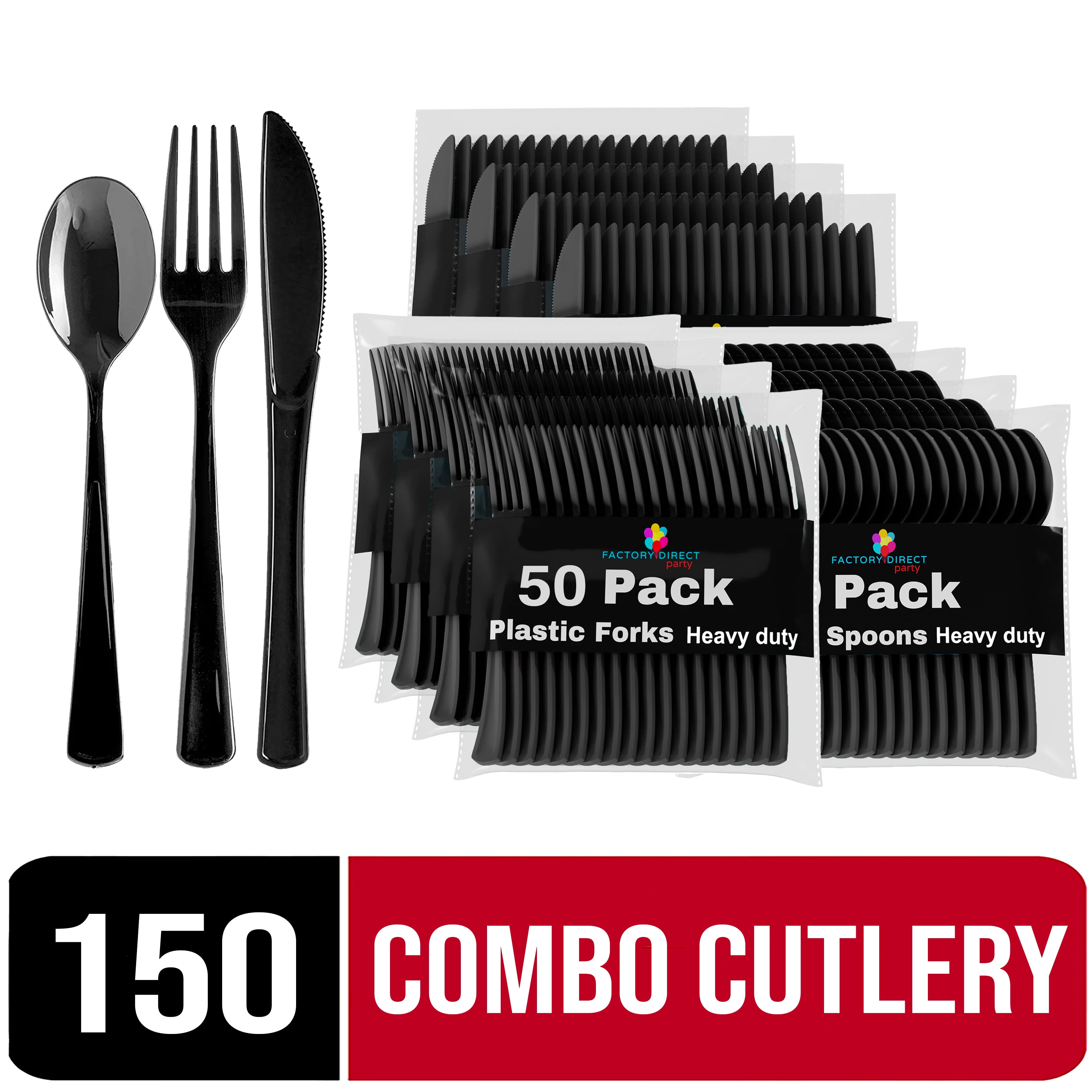 Crown Display 150Piece Black Disposable Cutlery Plastic Spoons Forks