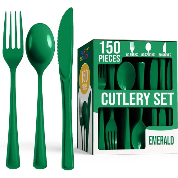 Crown Display 150-Piece Emerald Green Disposable Silverware - Green Plastic Cutlery Combo Set