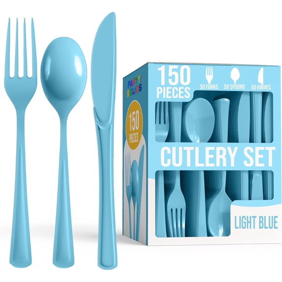 Crown Display 150-Piece Light Blue Disposable Silverware - Blue Plastic Cutlery Combo Set