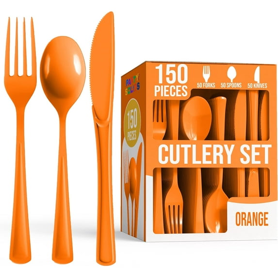 Crown Display 150-Piece Orange Silverware - Orange Disposable Plastic Cutlery Combo Set