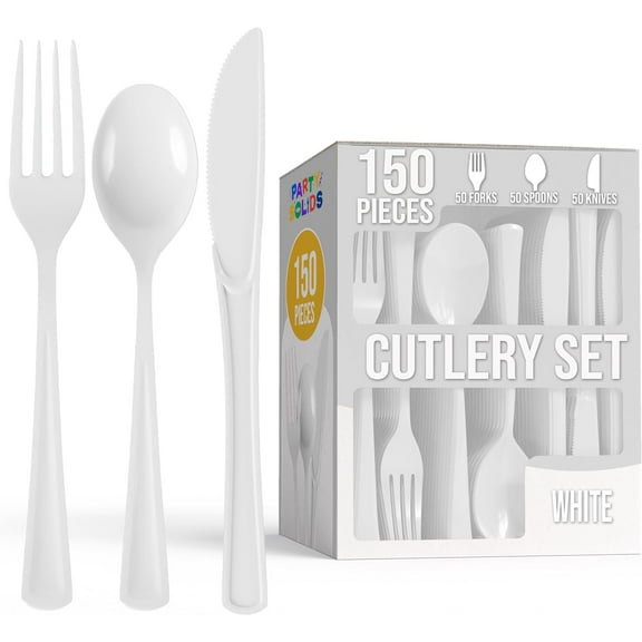 Crown Display 150-Piece White Disposable Silverware - White Plastic Cutlery Combo Set