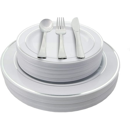 Crown Display 200 Ct. Silver Line Wedding Kit Disposable Plastic Cutlery Set - Service for 40