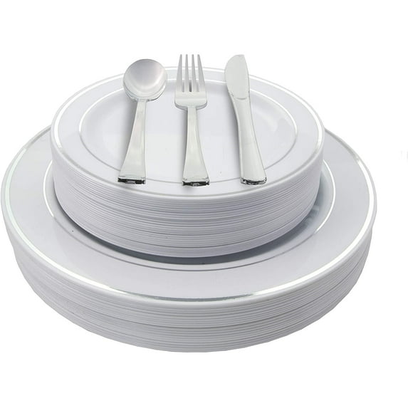 Crown Display 200 Ct. Silver Line Wedding Kit Disposable Plastic Cutlery Set - Service for 40
