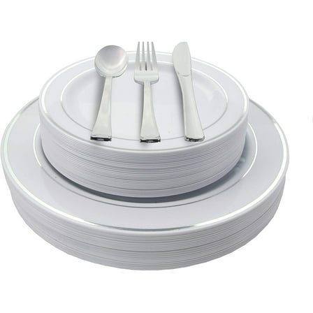 Crown Display 200 Ct. Silver Rim - Wedding Kit Disposable Plastic Cutlery Set - Service for 40