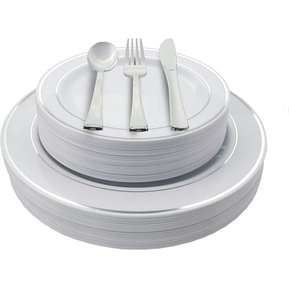 Crown Display 200 Ct. Silver Rim - Wedding Kit Disposable Plastic Cutlery Set - Service for 40