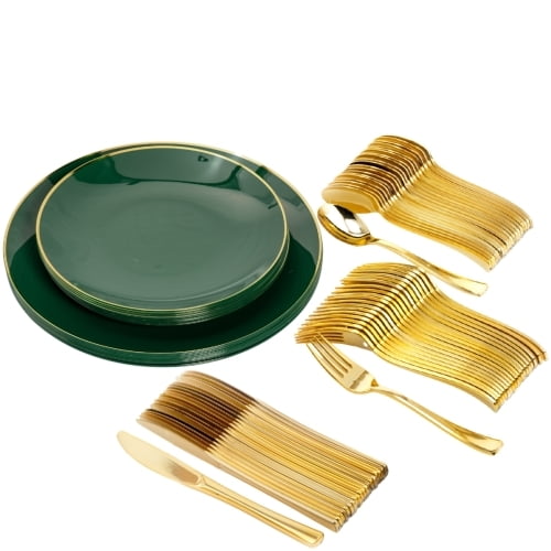 Crown Display 200-Piece Disposable Plastic Party Set, Green And Gold, Service For 40