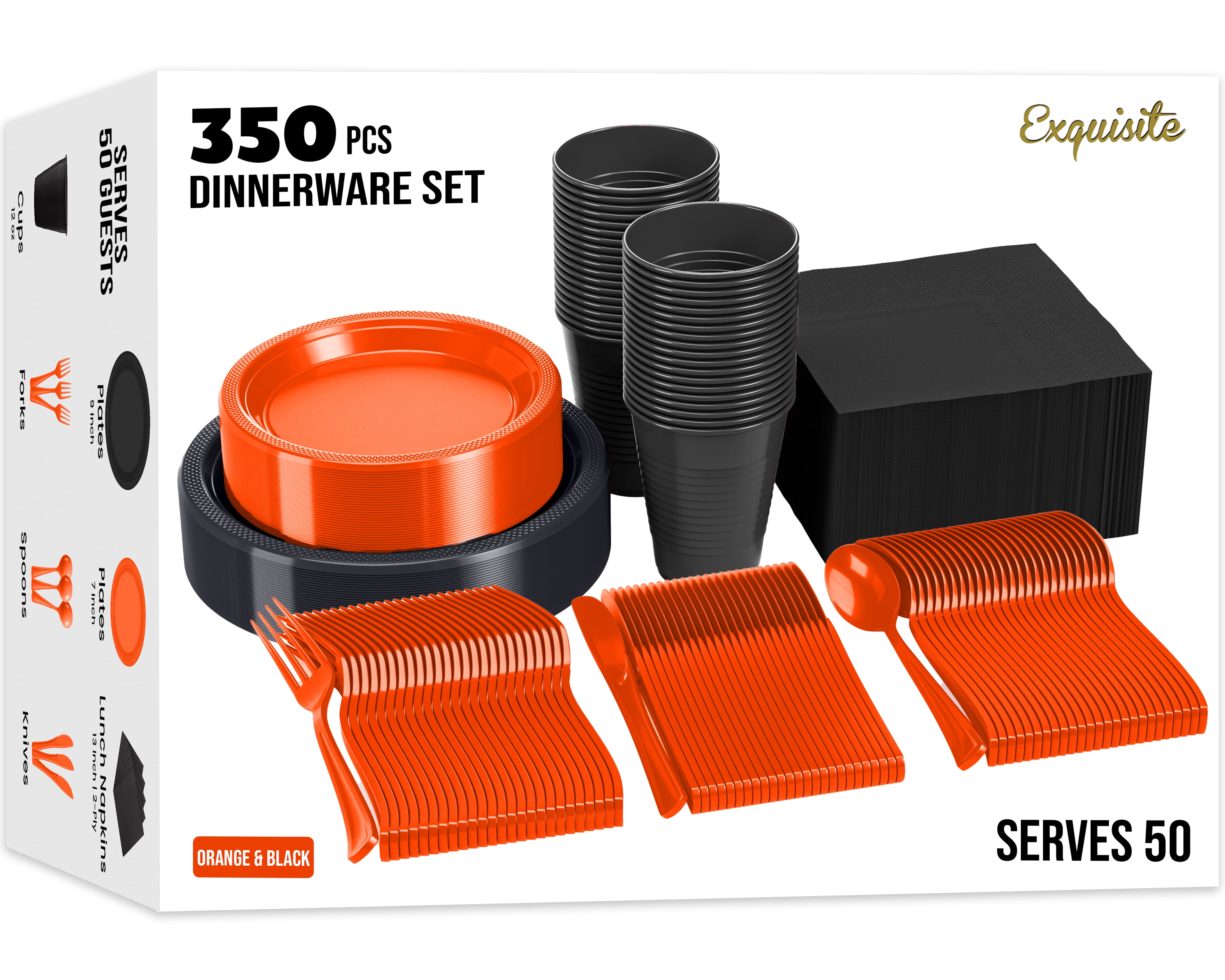 Halloween Orange and Black Disposable Party Dinnerware Set, 350 Pieces