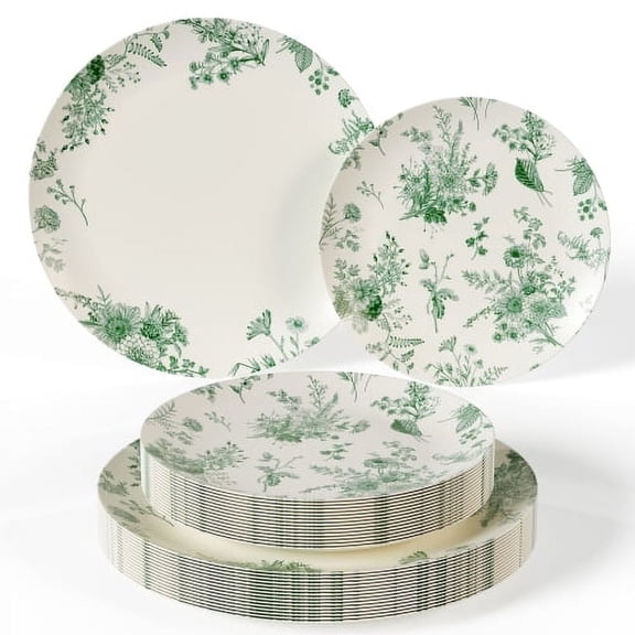 Crown Display 40-Piece Disposable Plastic Plates Set - White & Verdure Design - 20 Guests