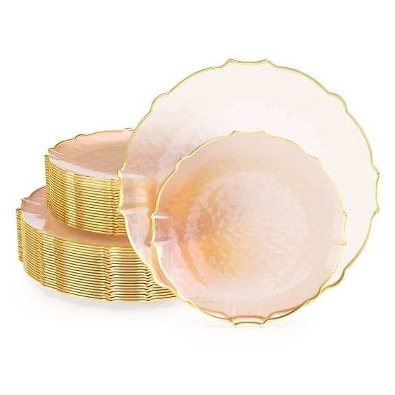 Exquisite 40-Piece Plastic Party Plates - Coral Peach Gold Rim, 7.5" & 10"