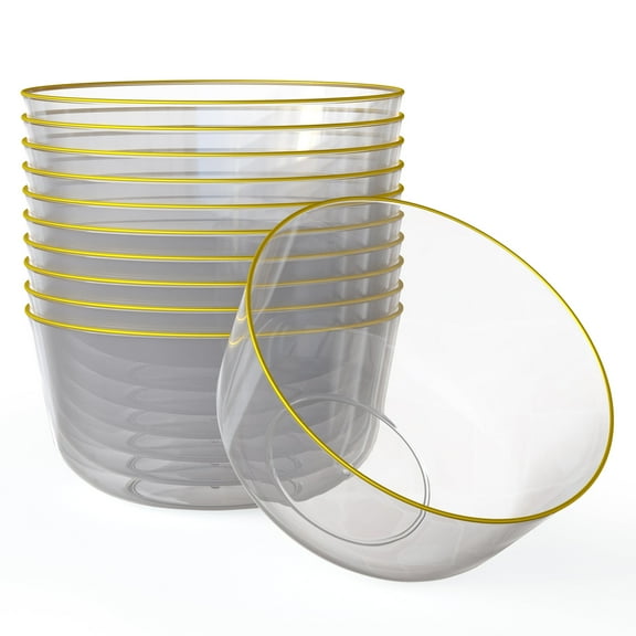 Crown Display 40 Premium Disposable Clear Glass look Gold Rim Plastic Bowls - 24 oz.