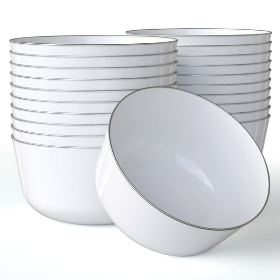 Crown Display 40 Premium Disposable White Silver Rim Plastic Bowls - 24 oz.