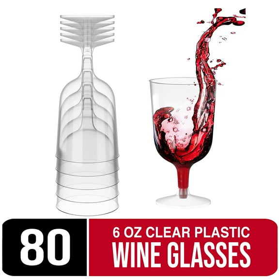 Crown Display 6 oz. Clear Plastic Standard Red Wine Glasses, 2 Piece Stemmed Disposable Wine Cup - 80 Count