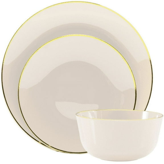 Crown Display 60-Pack Premium Disposable Plastic Dinner Set - Classic Cream With Gold Rim