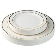 Crown Display 60 Pcs Ivory & Gold Plastic Disposable Dinnerware Set Combo - Wedding & Party - 30 Plastic Dinner Plates and 30 Dessert Plates