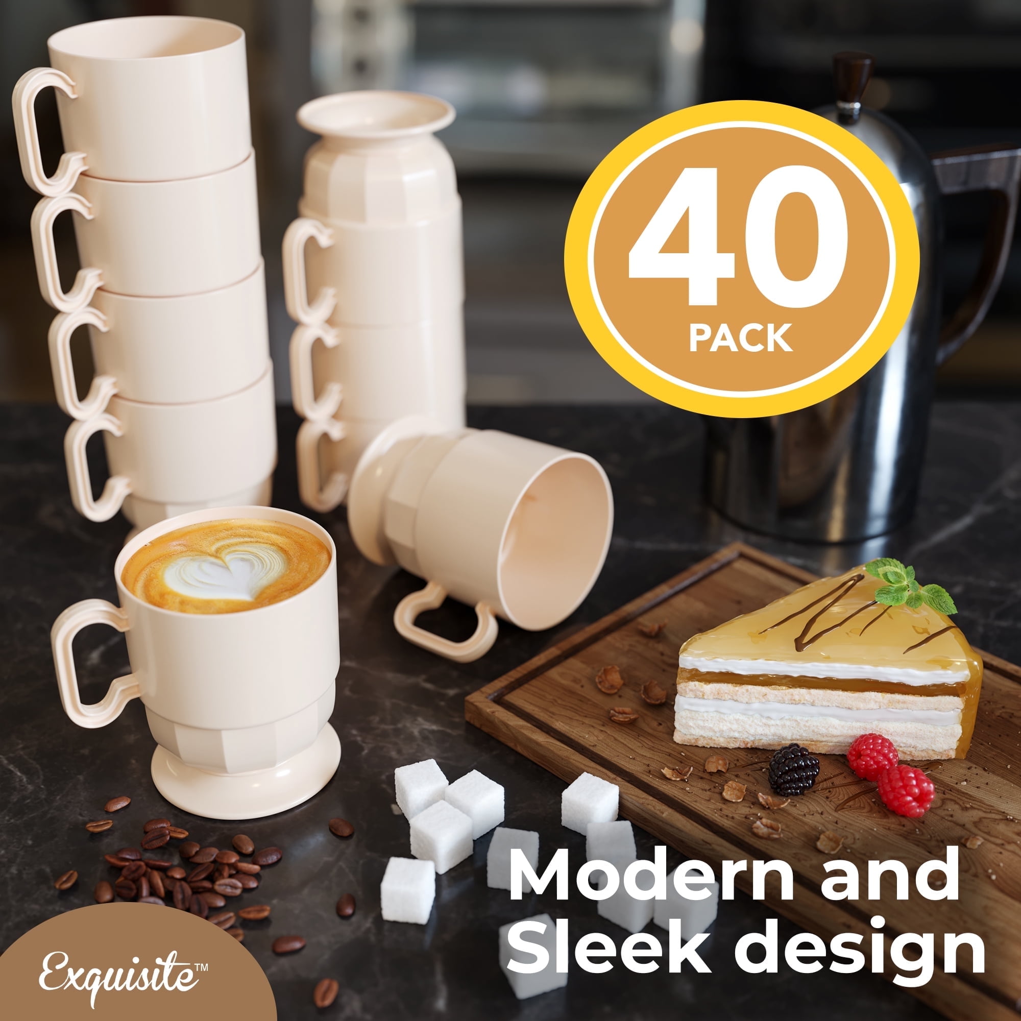 Crown Display 8 oz Disposable Coffee Cups with Handles, Hard Plastic Mugs  for Hot Drinks, Tea & Cocoa, 40 Pack, off-White