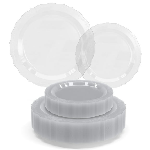 Exquisite 80-Count Clear Plastic Dinner Plates - Victorian Style