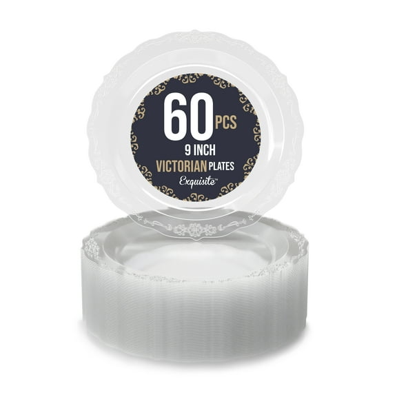 Crown Display 9" Clear Hard Plastic Victorian Design Wedding and Holiday Dinner Plates 60 Ct.