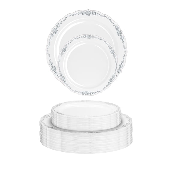 Crown Display 9" Silver Hard Plastic Victorian Design Wedding and Holiday Dinner Plates - 60 Count