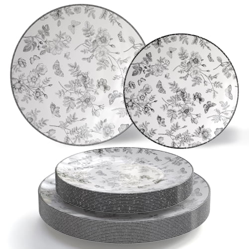 Crown Display Black Floral Disposable Plates 40 Pc Set | 20x8" & 20x10" Plastic Dinnerware