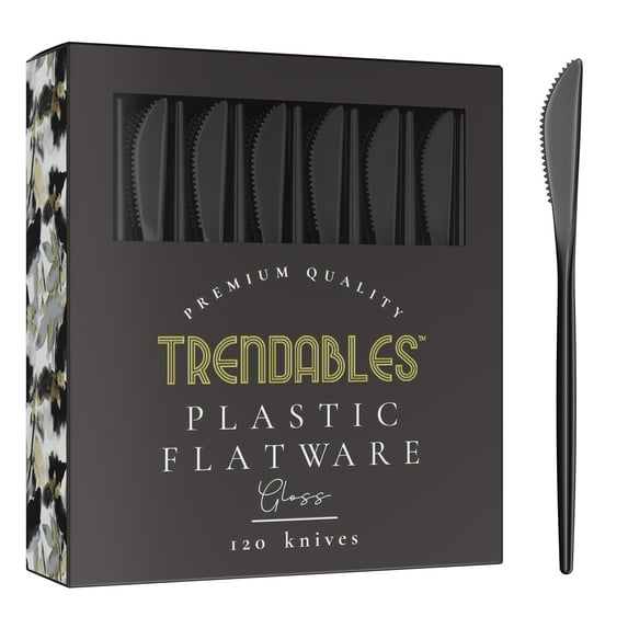 Crown Display Black Plastic Knives - 120 Pack Disposable Silverware Set, Sleek, Strong, Premium