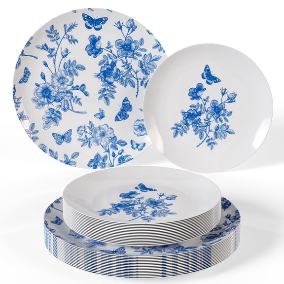 Crown Display Blue Floral Disposable Plates 200 Pc Set | 100x8" & 100x10" Plastic Dinnerware