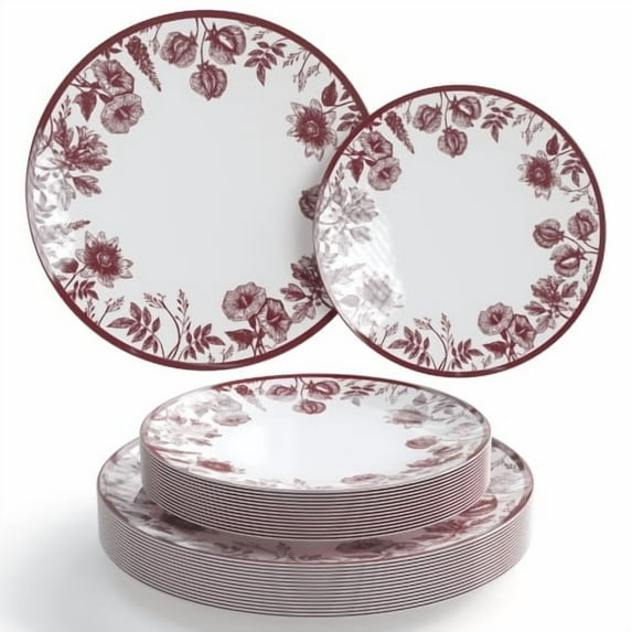 Crown Display Burgundy Floral Disposable Plates 200 Pc Set | 100x8" & 100x10" Plastic Dinnerware