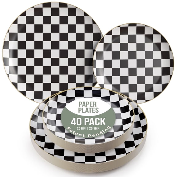 Crown Display Checkered Fancy Disposable Paper Plates, 20-Piece Party Set - 8 & 10 Inch